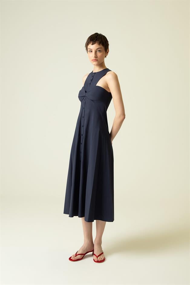 Düğüm Detaylı Lacivert Gömlek Elbise