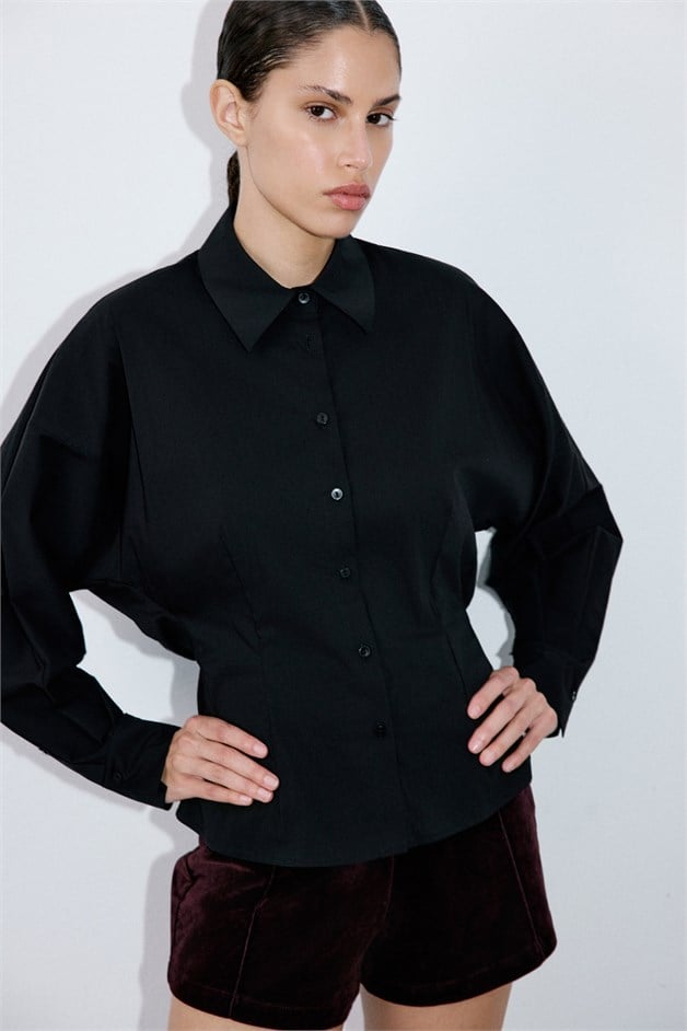 Dropped Shoulder Batwing Sleeve Black Shirt