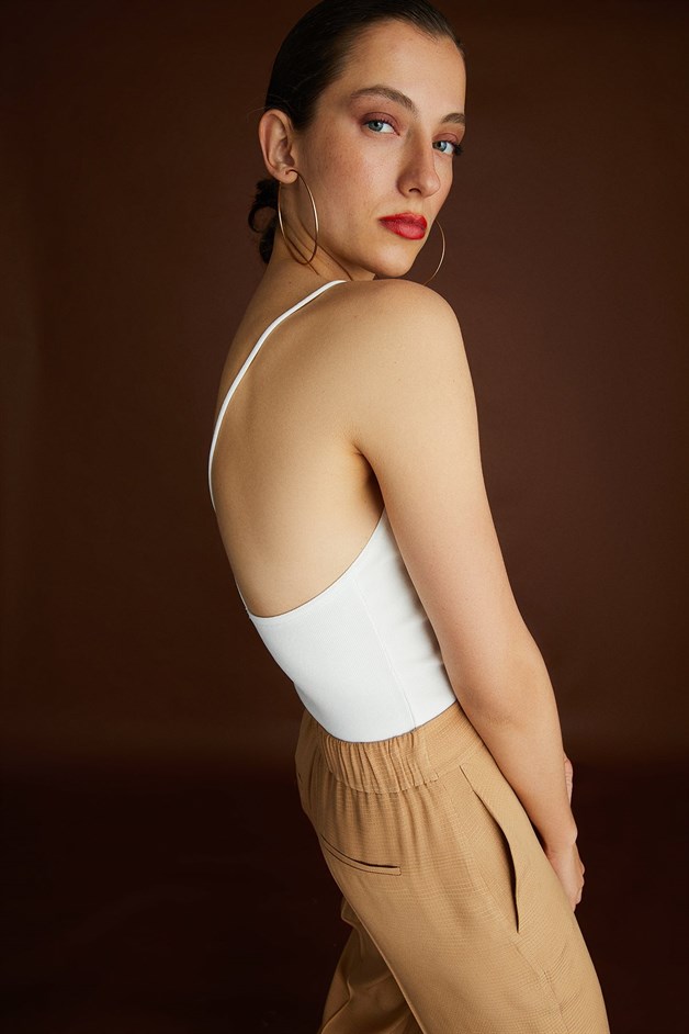 Ekru Askılı Triko Crop Top