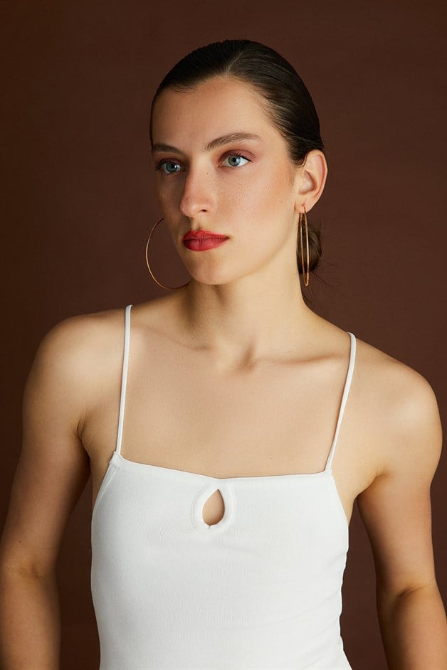 Ekru Askılı Triko Crop Top