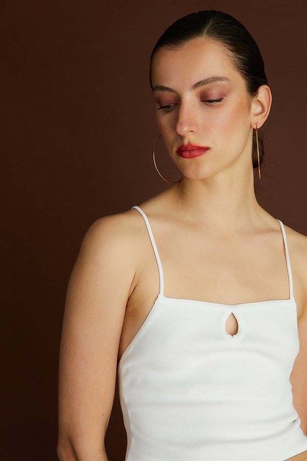 Ekru Askılı Triko Crop Top