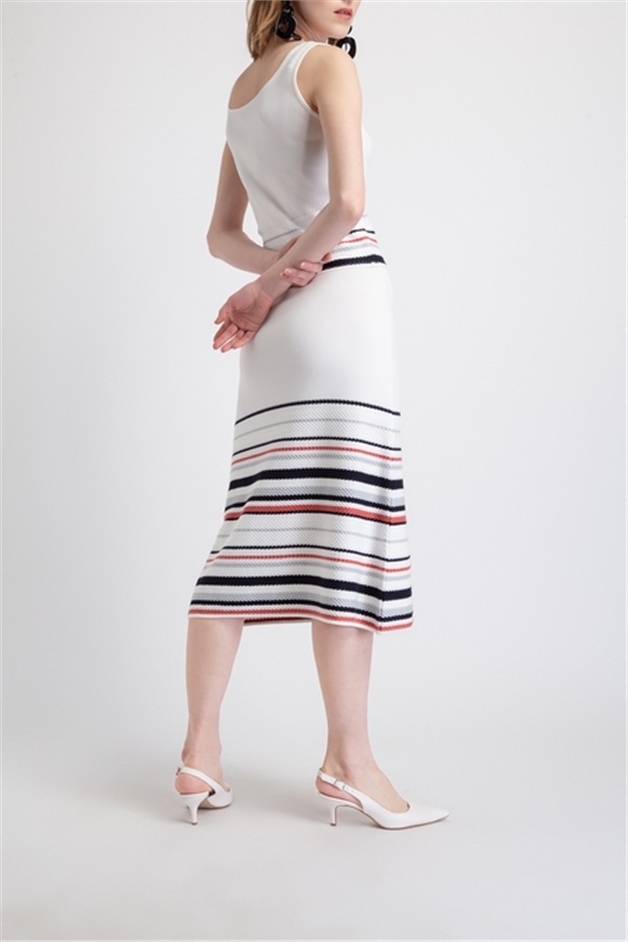 Yüksek Bel Çizgili Ekru Triko Etek