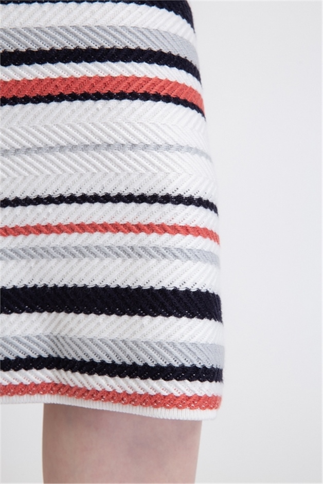 Yüksek Bel Çizgili Ekru Triko Etek