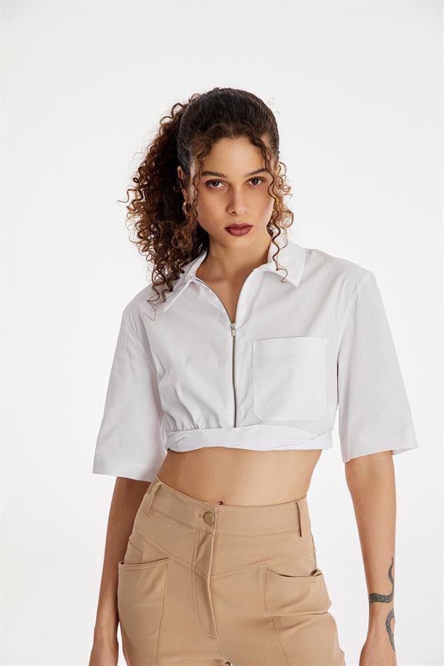 Zip-Up White Crop Shirt