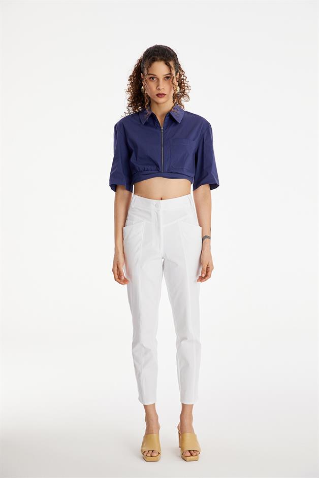 Zip-Up Blue Crop Shirt