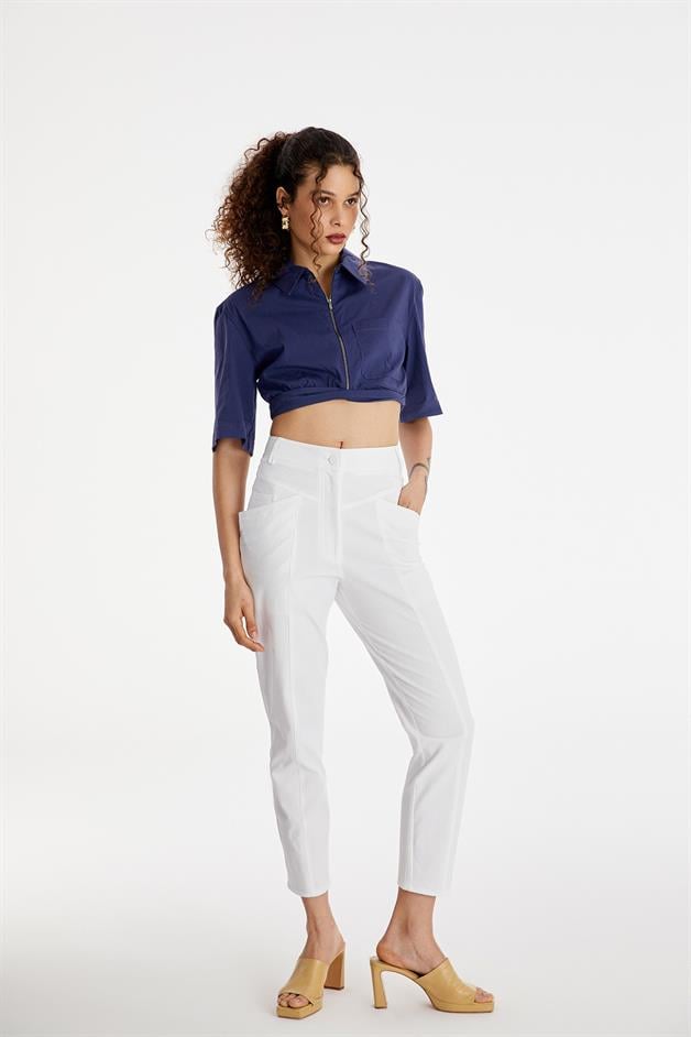 Zip-Up Blue Crop Shirt