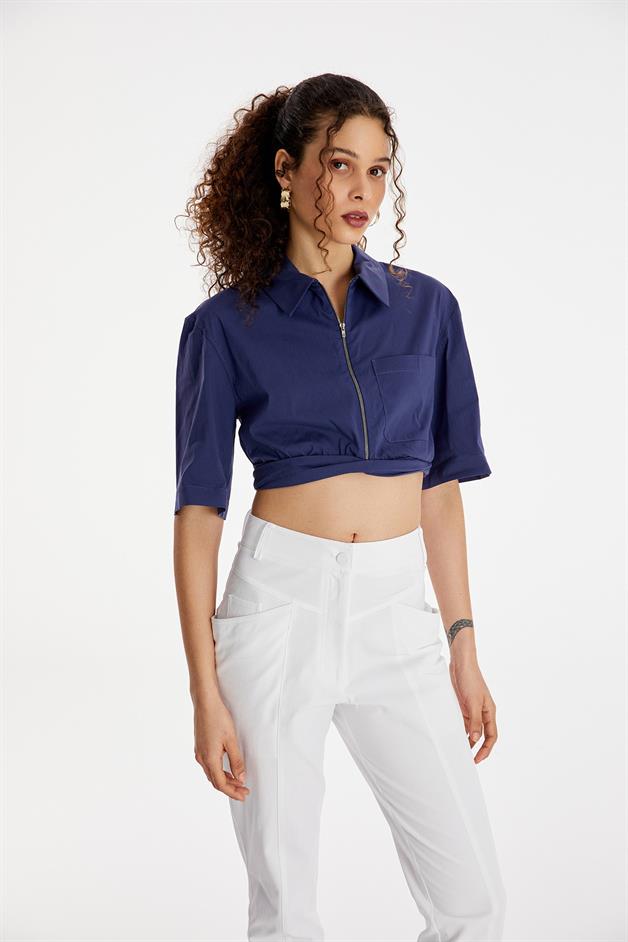 Zip-Up Blue Crop Shirt