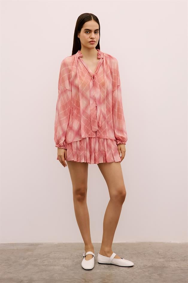 Ruffle Detailed Patterned Pink Blouse