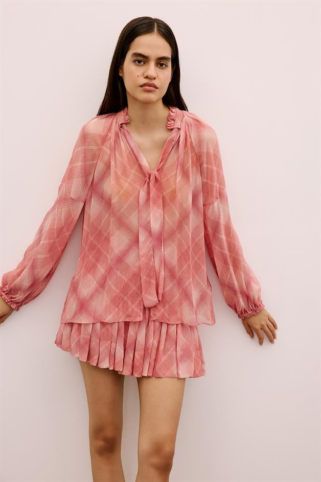 Ruffle Detailed Patterned Pink Blouse