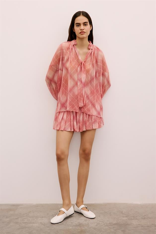 Ruffle Detailed Patterned Pink Blouse