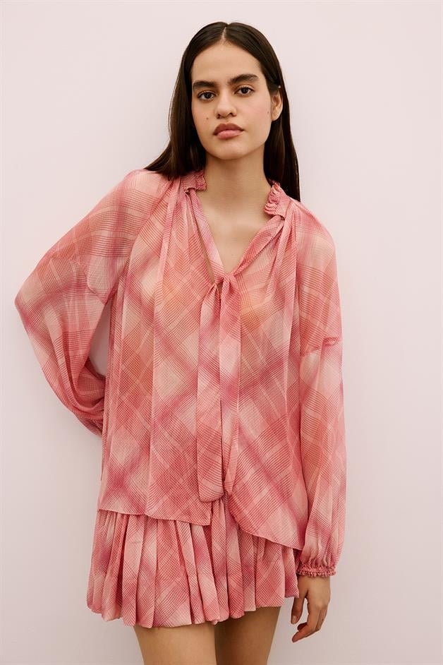 Ruffle Detailed Patterned Pink Blouse