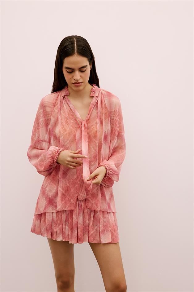Ruffle Detailed Patterned Pink Blouse