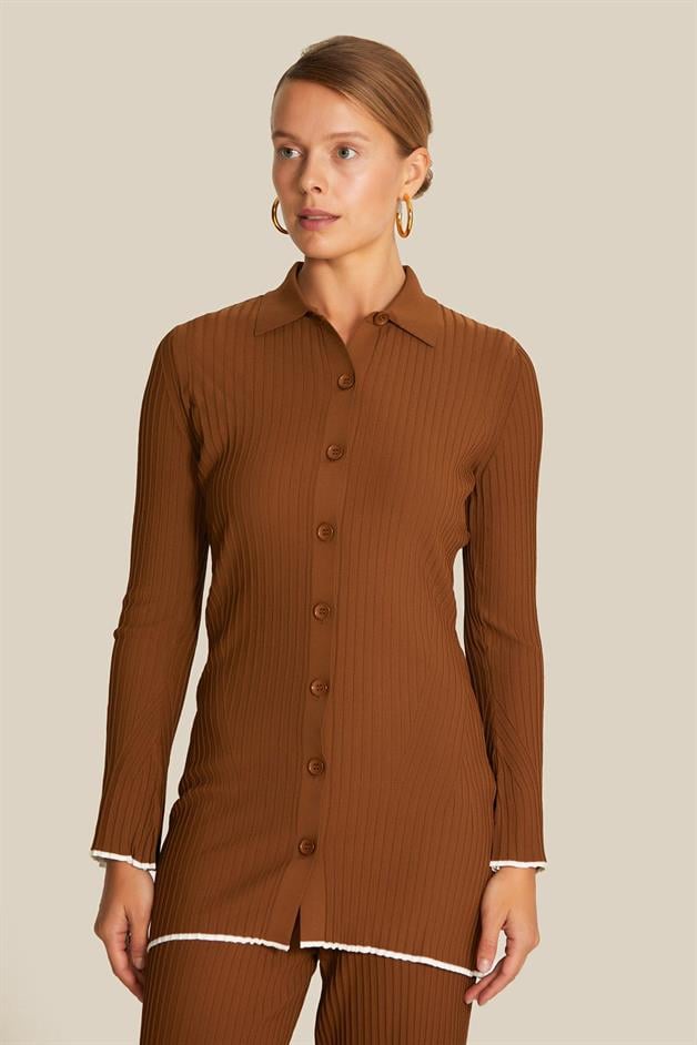 Fitilli Camel Uzun Triko Hırka