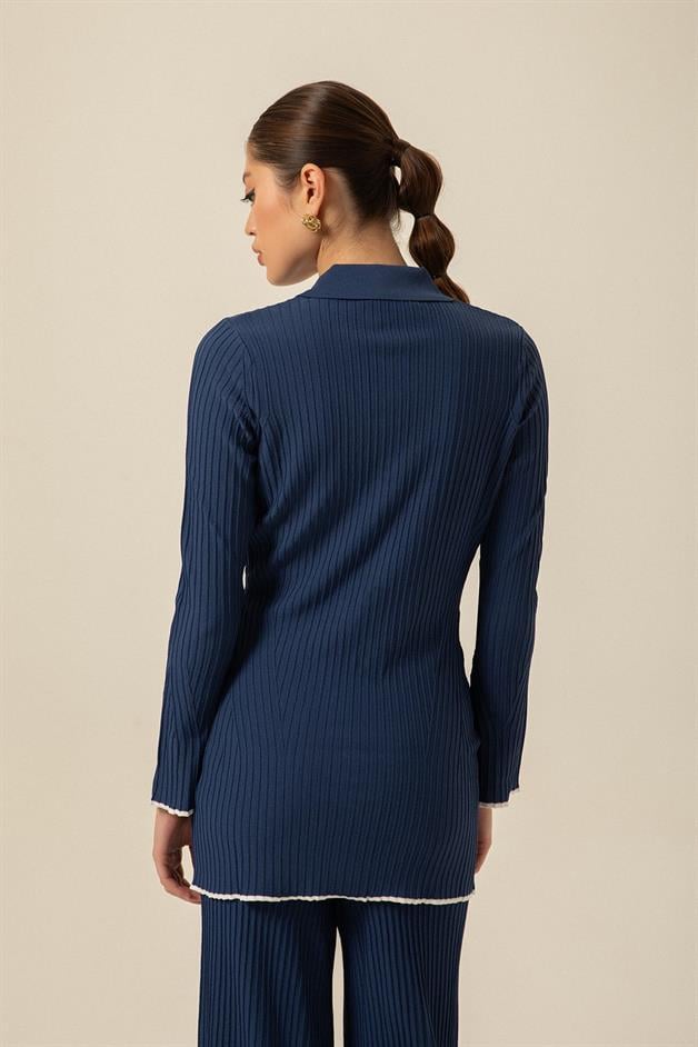 Fitilli İndigo Uzun Triko Hırka