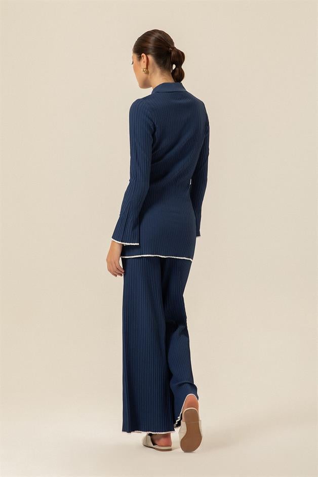 Fitilli İndigo Uzun Triko Hırka