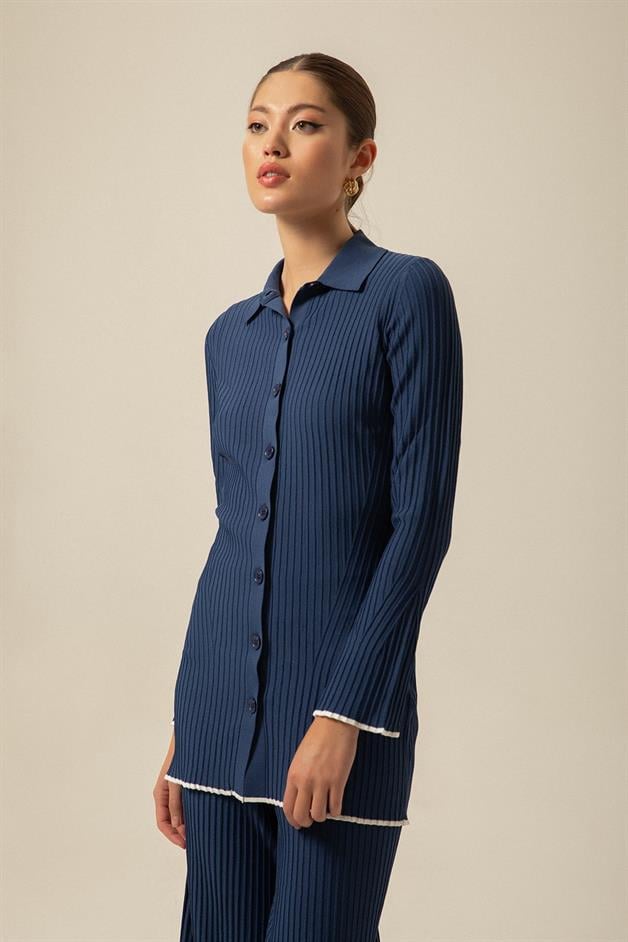 Fitilli İndigo Uzun Triko Hırka