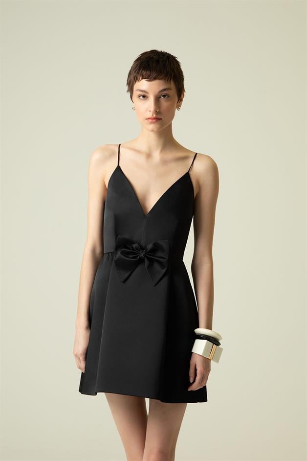 Bow Detail Thin Strap Black Mini Dress