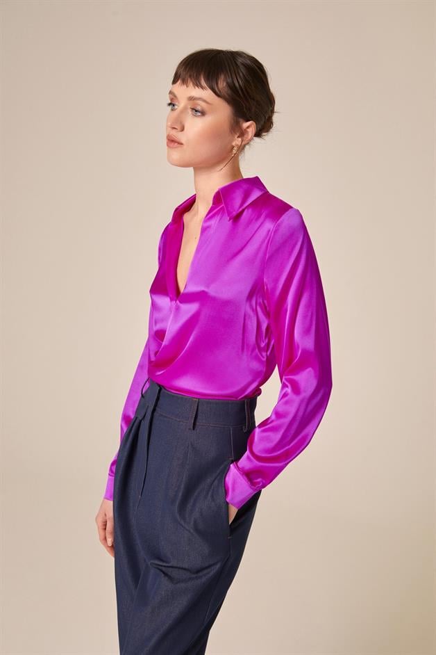 Silk Tie-Front Crop Fuchsia Shirt Blouse  