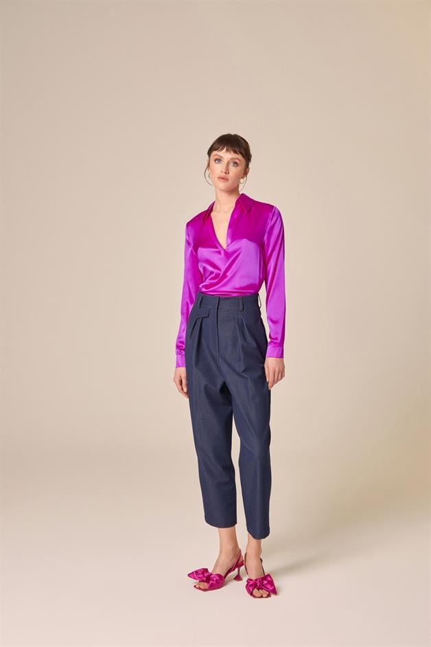 Silk Tie-Front Crop Fuchsia Shirt Blouse  
