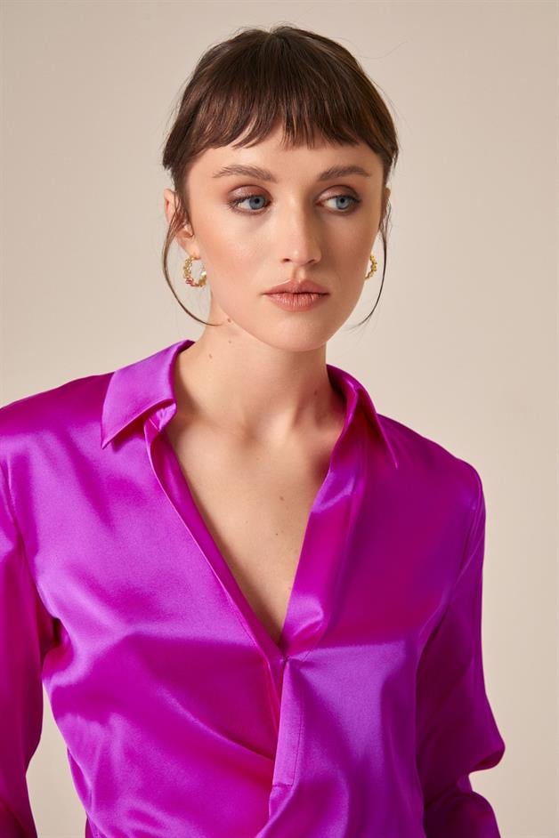 Silk Tie-Front Crop Fuchsia Shirt Blouse  