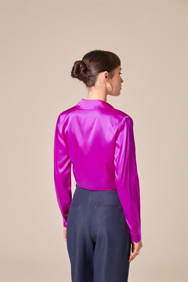 Silk Tie-Front Crop Fuchsia Shirt Blouse  