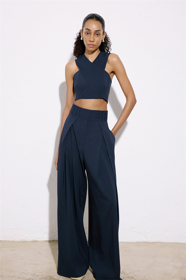 Geniş Paça Çizgili Lacivert Pantolon