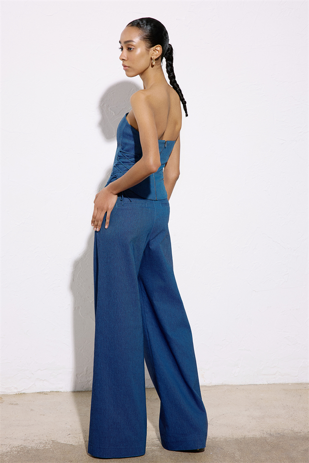 Geniş Paça Denim Dokulu Mavi Pantolon