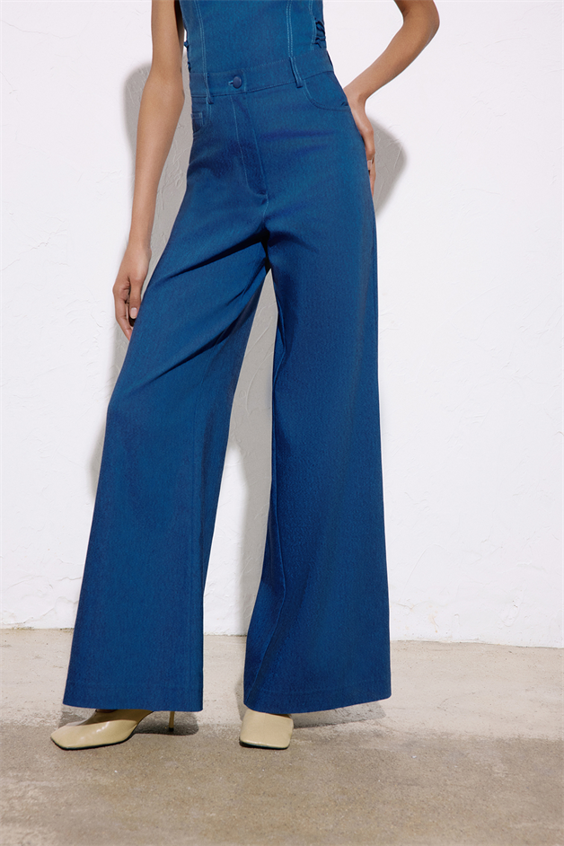 Geniş Paça Denim Dokulu Mavi Pantolon