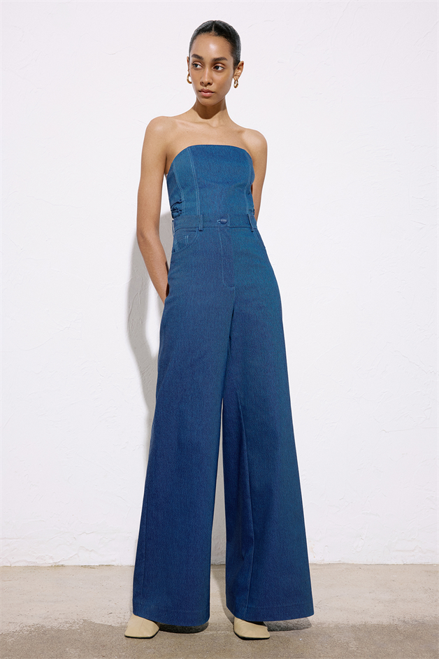 Geniş Paça Denim Dokulu Mavi Pantolon