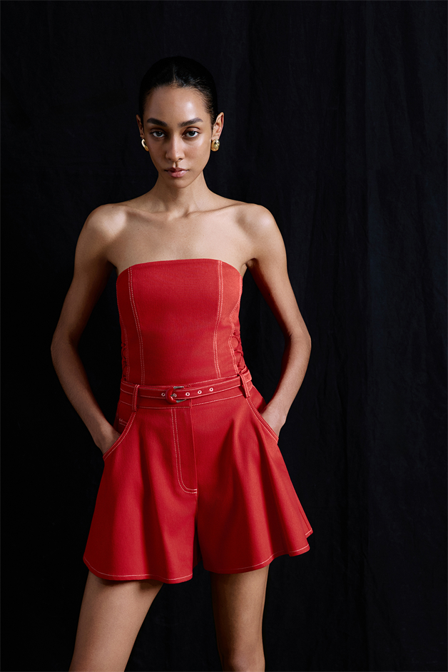 Wide Leg Belt Detailed Coral Mini Shorts