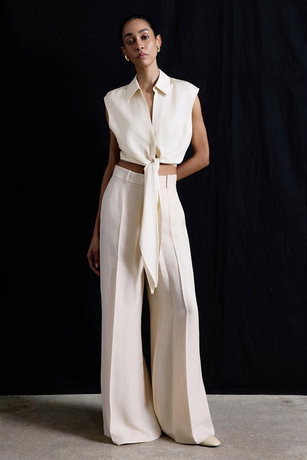 Geniş Paça Keten Karışımlı Bej Pantolon