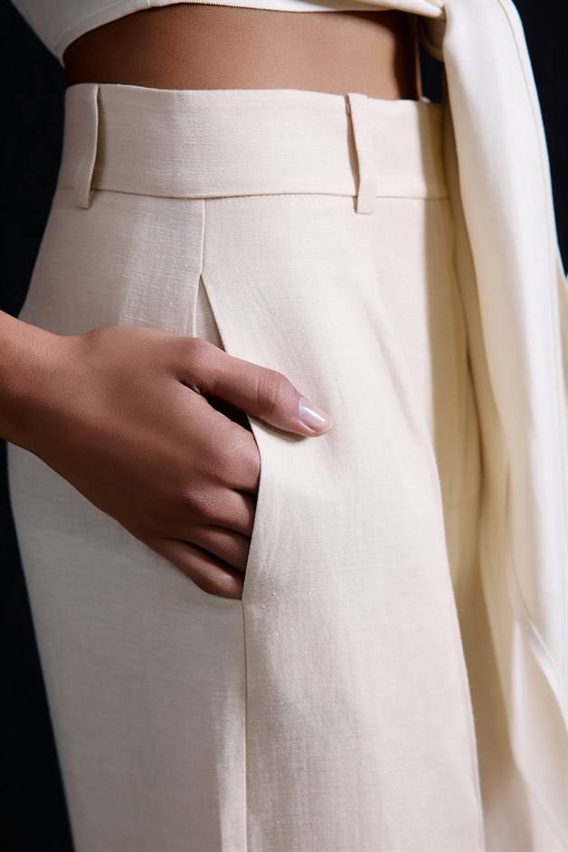 Geniş Paça Keten Karışımlı Bej Pantolon