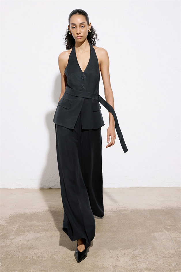 Geniş Paça Keten Karışımlı Siyah Pantolon