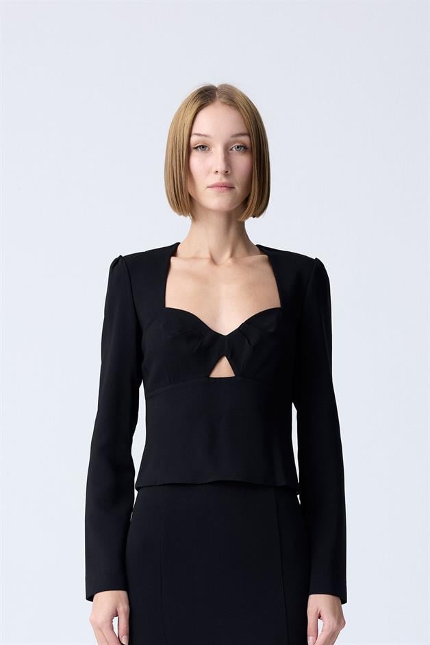 Chest Cutout Detail Black Blouse