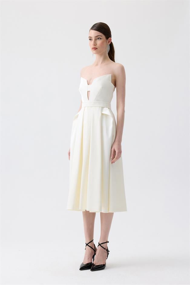 Göğüs Dekolteli Ekru Midi Elbise