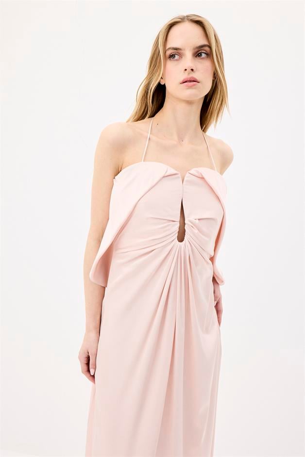 Chest Cutout Elegant Powder Pink Long Dress