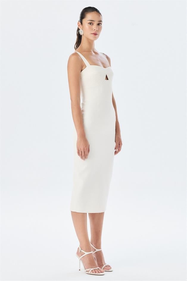 Göğüs Kuplu Askılı Ekru Midi Elbise