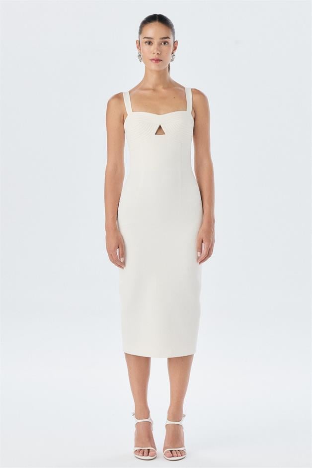 Göğüs Kuplu Askılı Ekru Midi Elbise