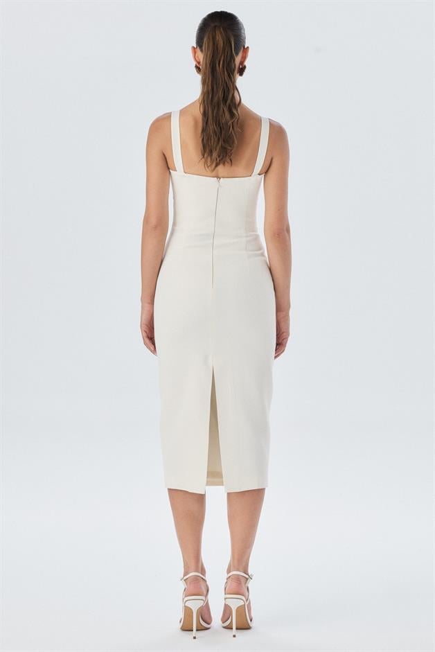 Göğüs Kuplu Askılı Ekru Midi Elbise