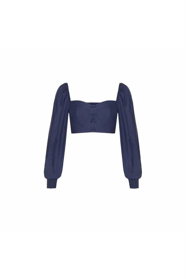 Chest Cups Square Neck Navy Blouse
