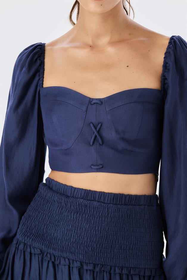 Chest Cups Square Neck Navy Blouse