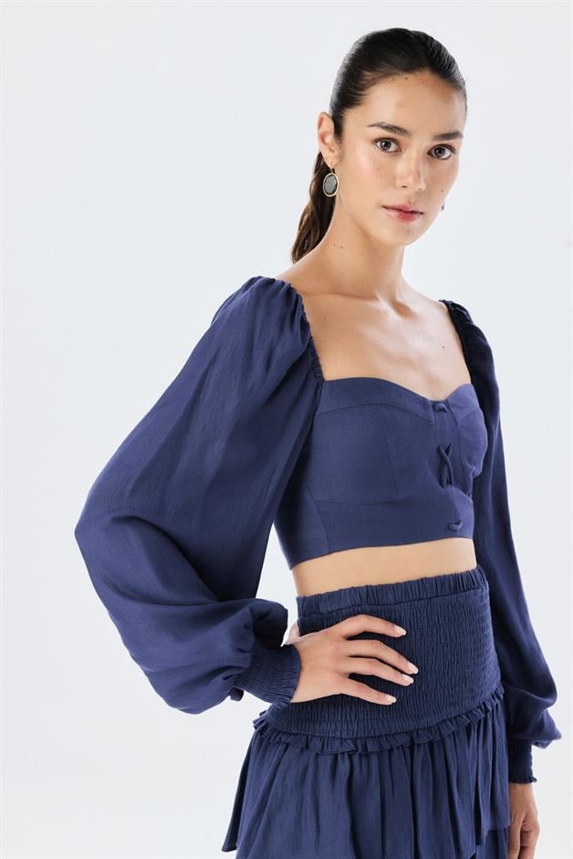 Chest Cups Square Neck Navy Blouse
