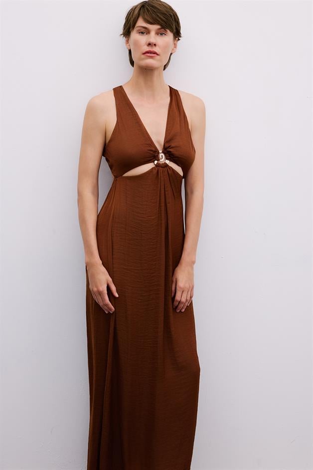 Long Brown Cut-Out Dress with Gold Accessories