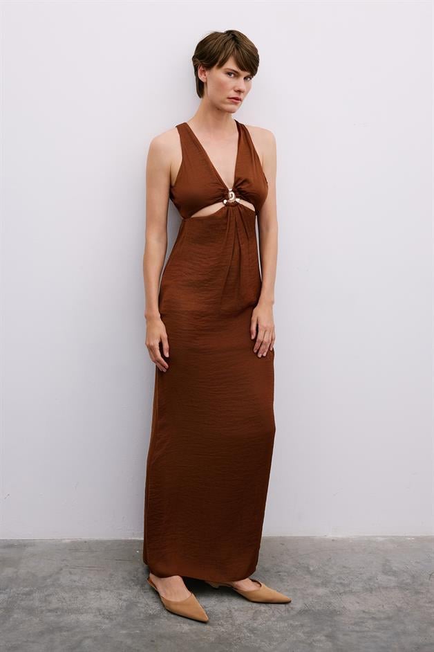 Long Brown Cut-Out Dress with Gold Accessories