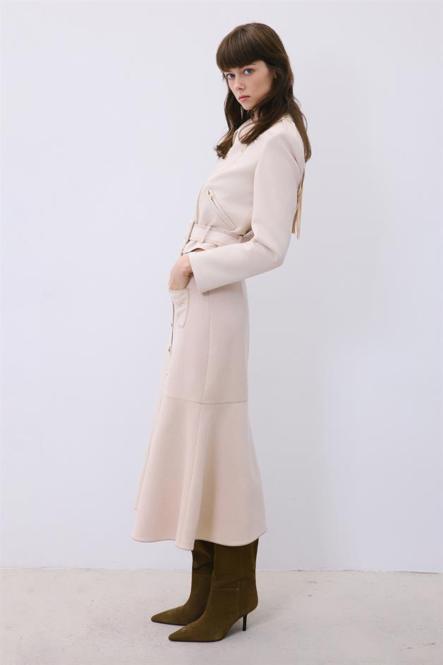 Beige Suede Midi Skirt with Gold Detail
