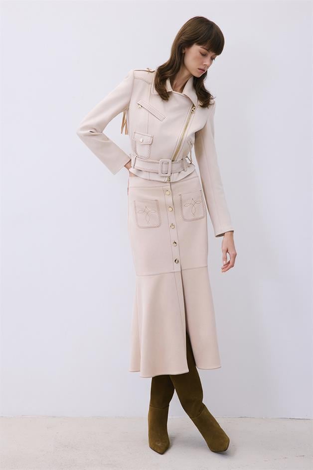 Beige Suede Midi Skirt with Gold Detail