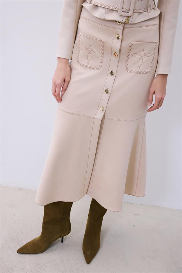 Beige Suede Midi Skirt with Gold Detail