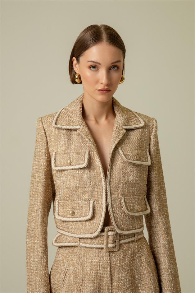 Gold Button Detail Camel Crop Jacket