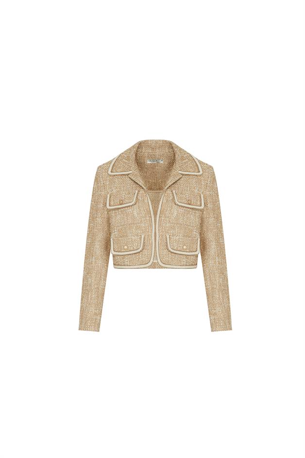 Gold Button Detail Camel Crop Jacket