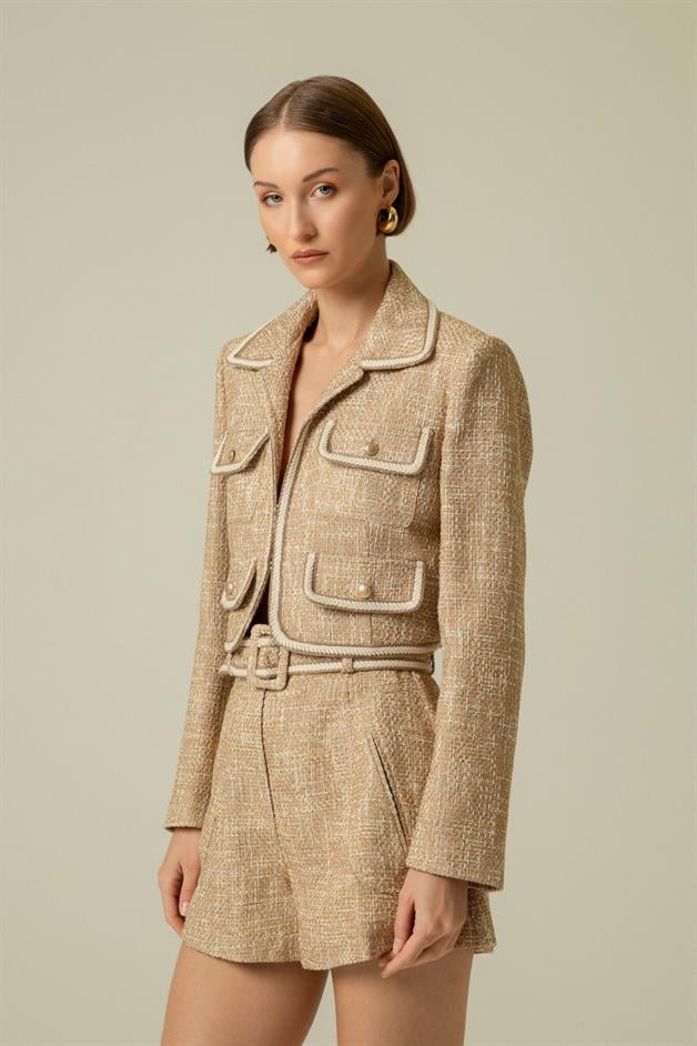 Gold Button Detail Camel Crop Jacket